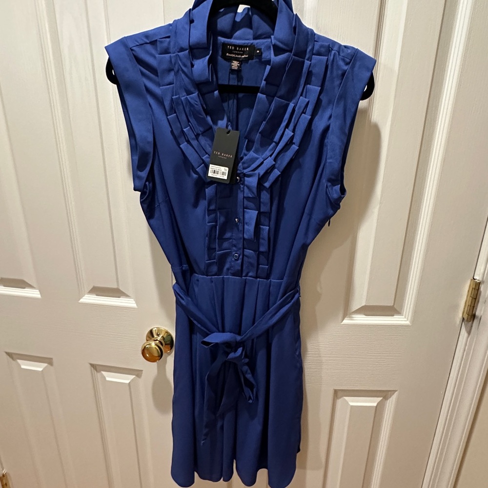 Ted Baker Size 3 Ruffle Neck Tie Waist Dress Mid Blue